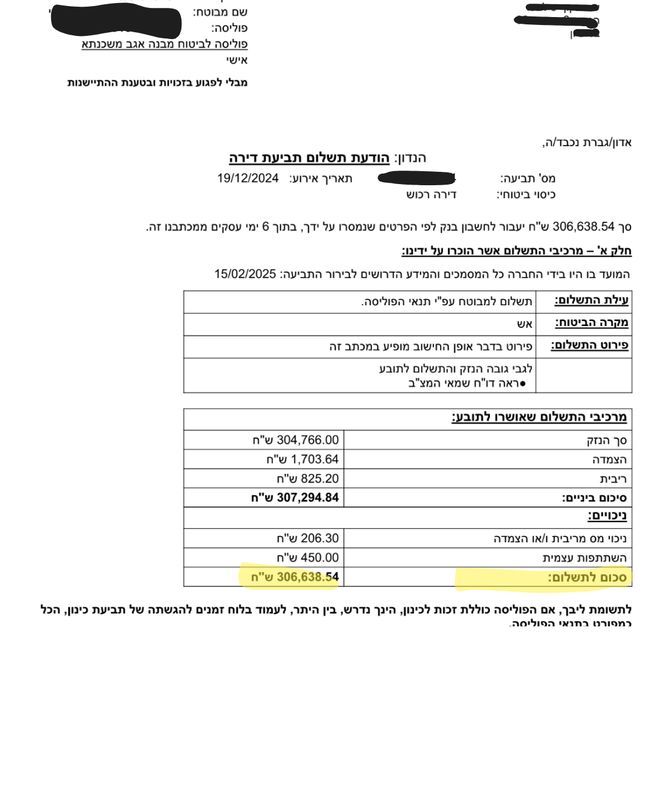 תשלום ע״ס 306,638 בגין נזק בדירה