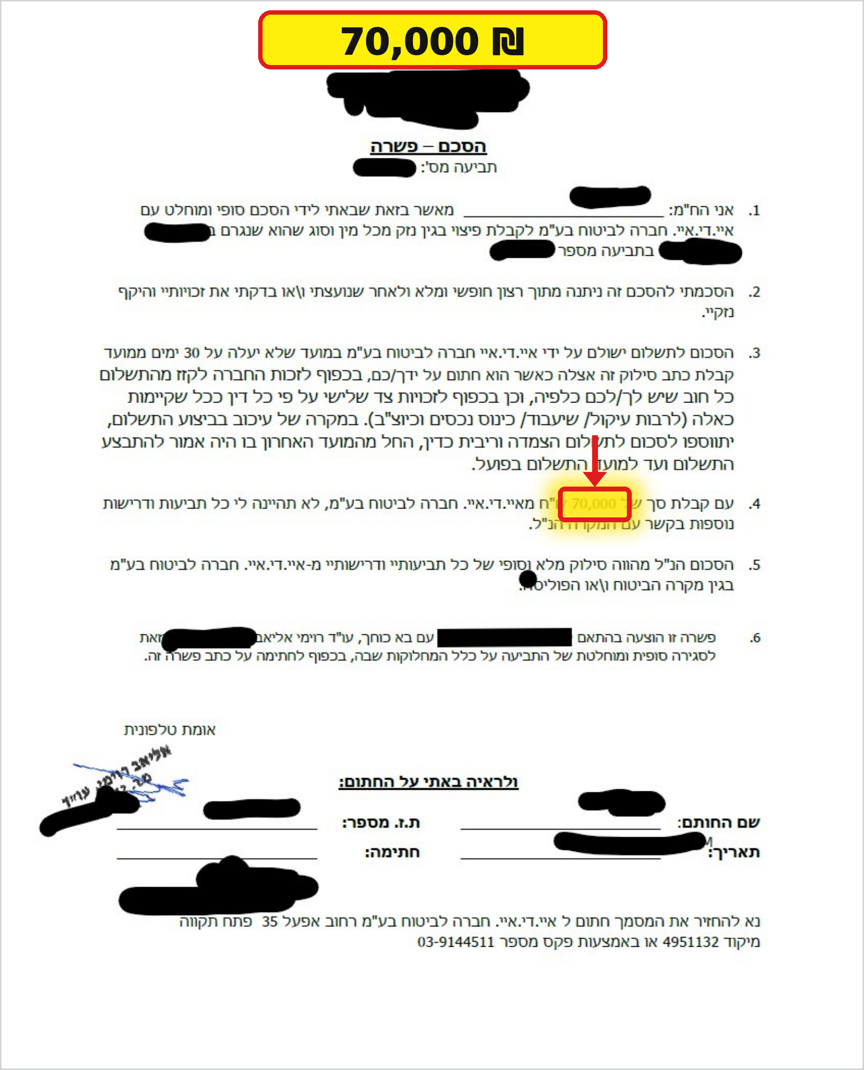 הסכם פשרה בסך 70,000 ש״ח